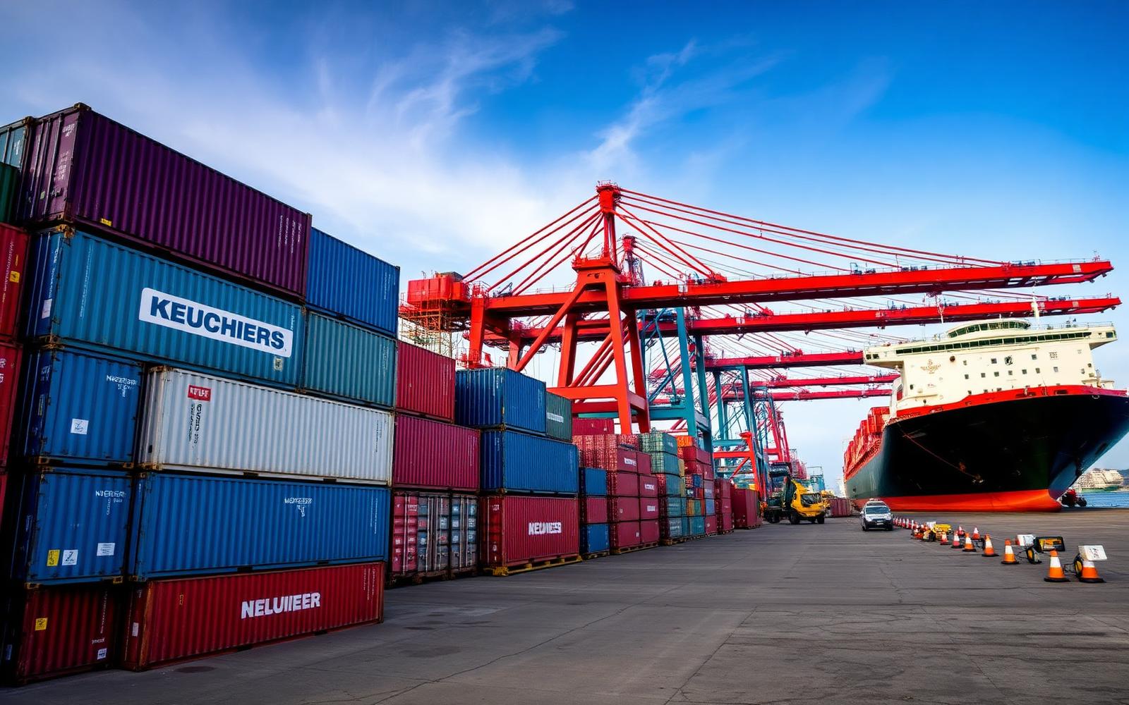 Puerto de exportación con contenedores y buque granelero